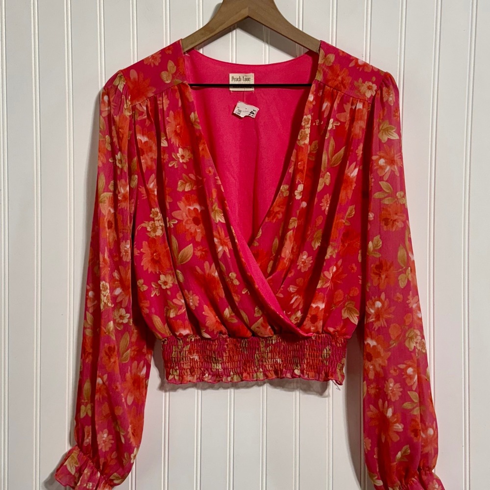 Peach Love California Floral Crop Top NWOT Coquette L Smocked Pink Boho Romantic - Picture 2 of 8